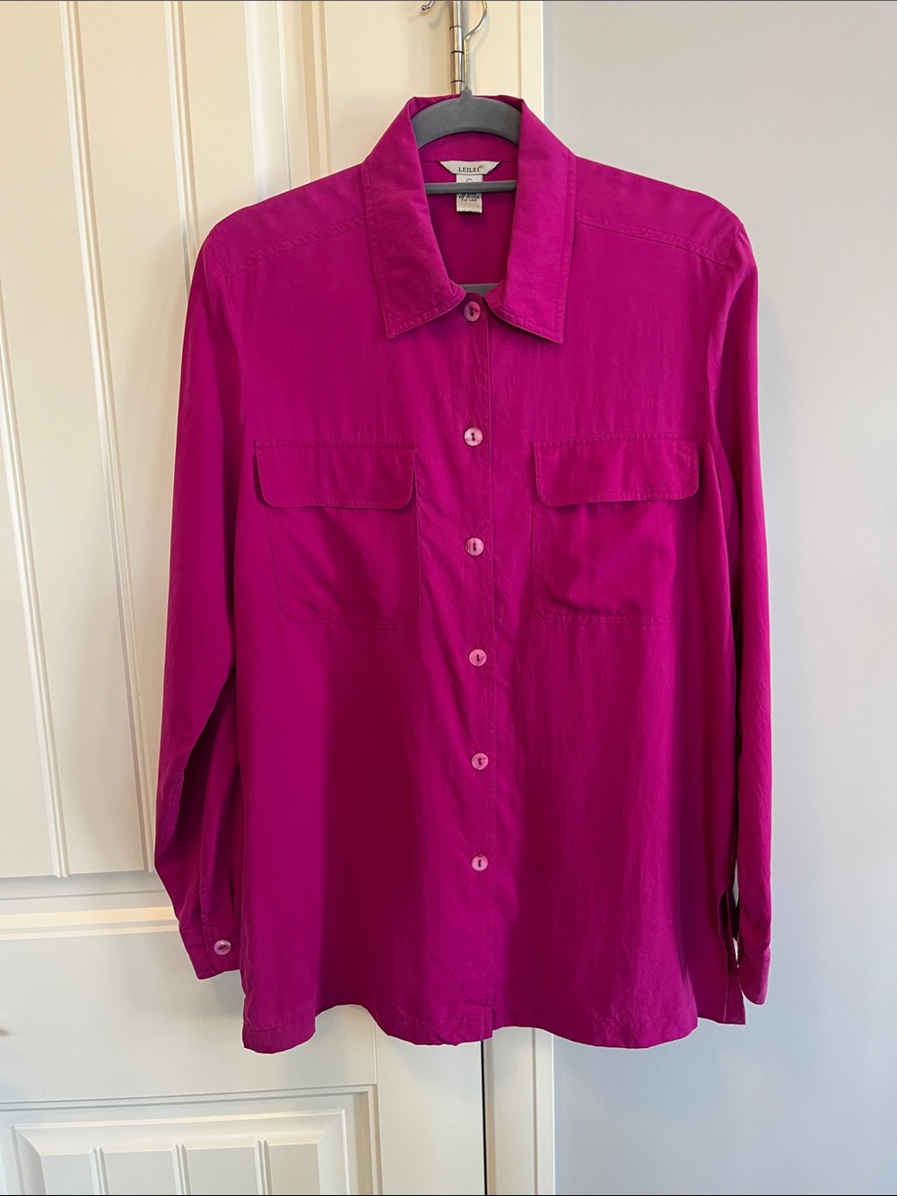 LEILEI Fuchsia Pink 100% Silk Utility Button Up Blouse Shirt L